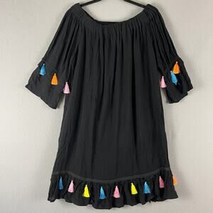 Whimsy Artsy Dress Womens Medium Black Tassel Crinkle Off Shoulder Karen Falco